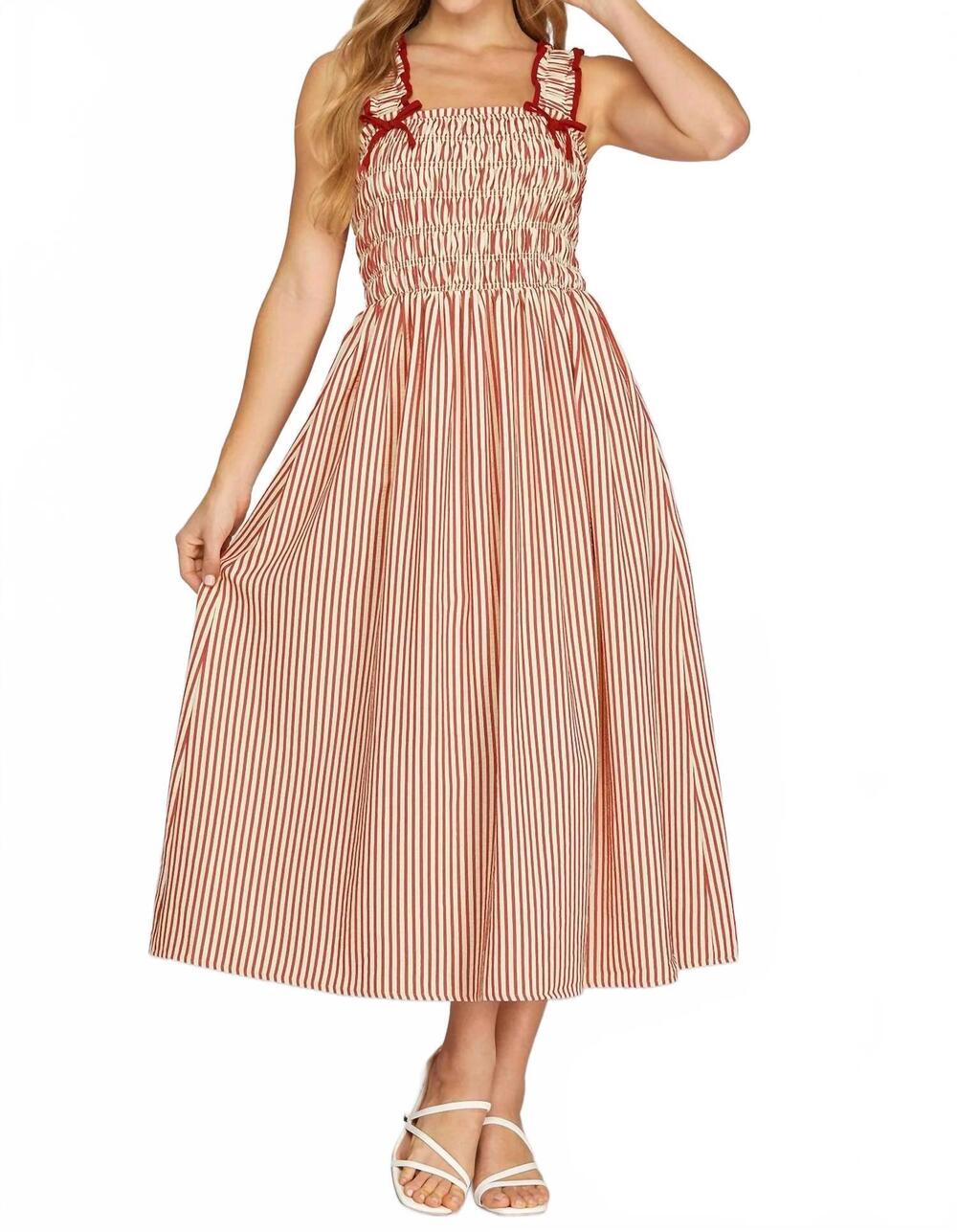 NEW SHE + SKY sleeveless woven smocked midi dress in red striped